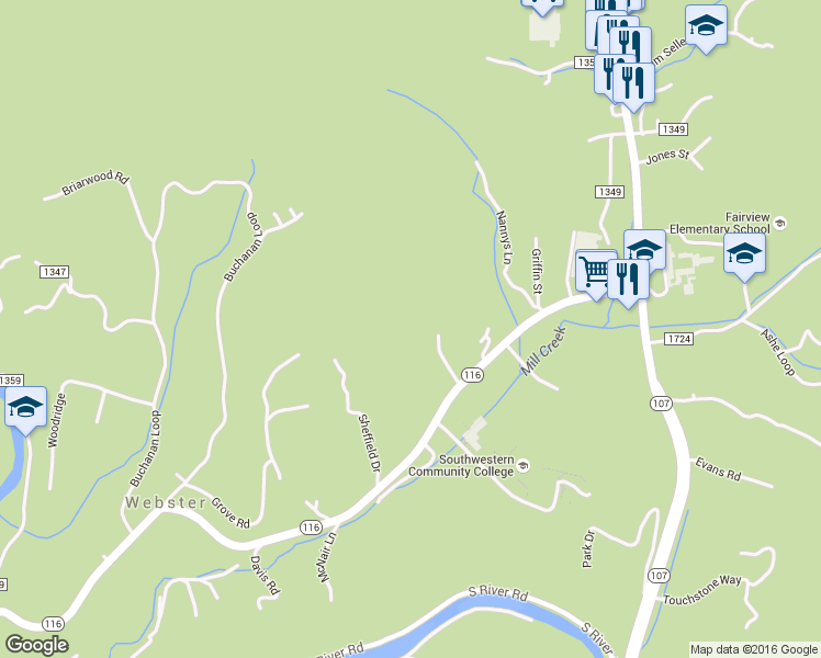 map of restaurants, bars, coffee shops, grocery stores, and more near 201 Bonnie Lane in Sylva