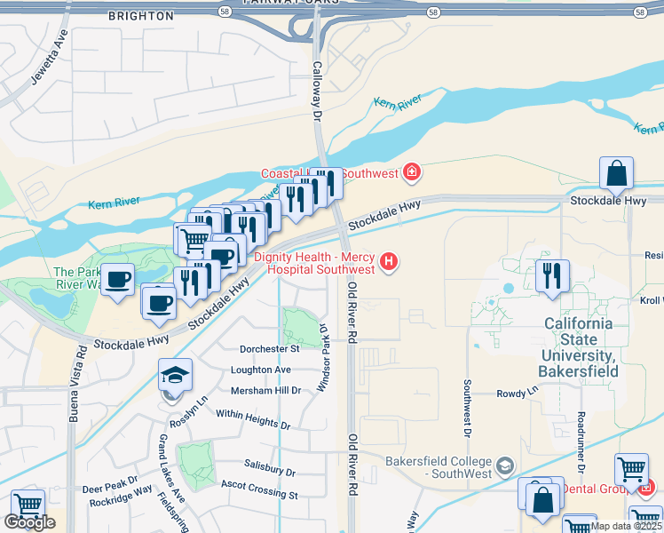 map of restaurants, bars, coffee shops, grocery stores, and more near 310 Lewisham Street in Bakersfield