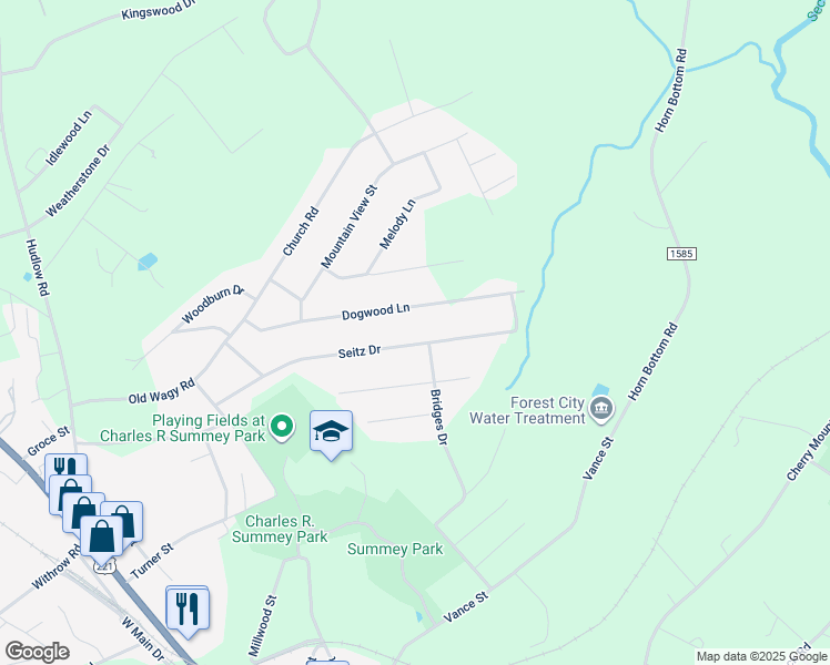 map of restaurants, bars, coffee shops, grocery stores, and more near 351 Seitz Drive in Forest City
