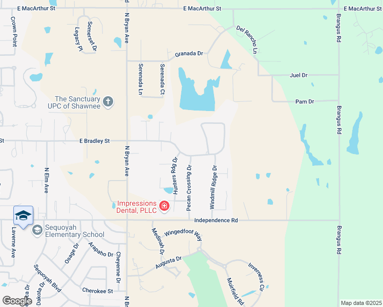 map of restaurants, bars, coffee shops, grocery stores, and more near 2604 East Bradley Street in Shawnee