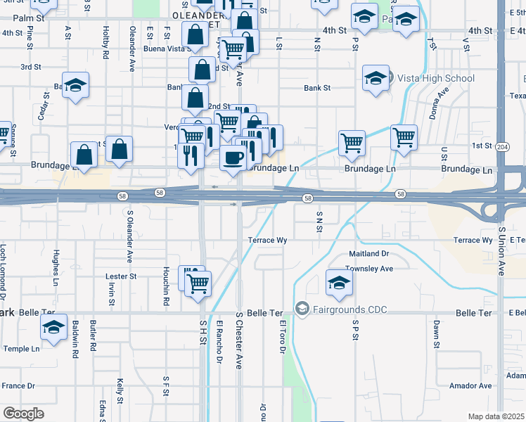 map of restaurants, bars, coffee shops, grocery stores, and more near 208 Brink Drive in Bakersfield