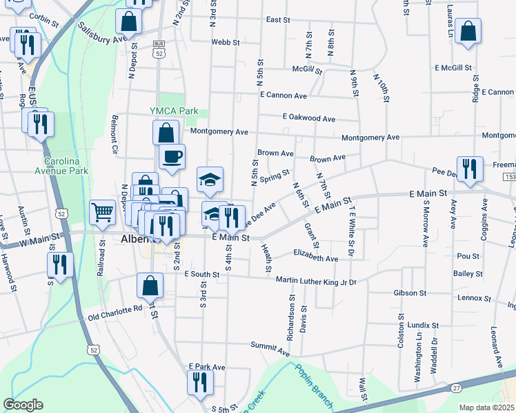 map of restaurants, bars, coffee shops, grocery stores, and more near 425 Pee Dee Avenue in Albemarle