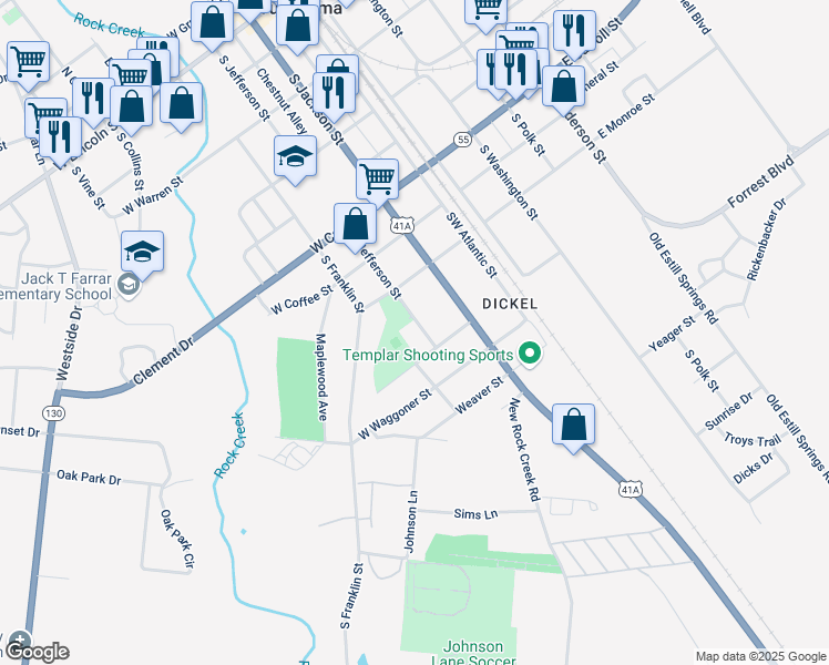 map of restaurants, bars, coffee shops, grocery stores, and more near 816 South Jefferson Street in Tullahoma