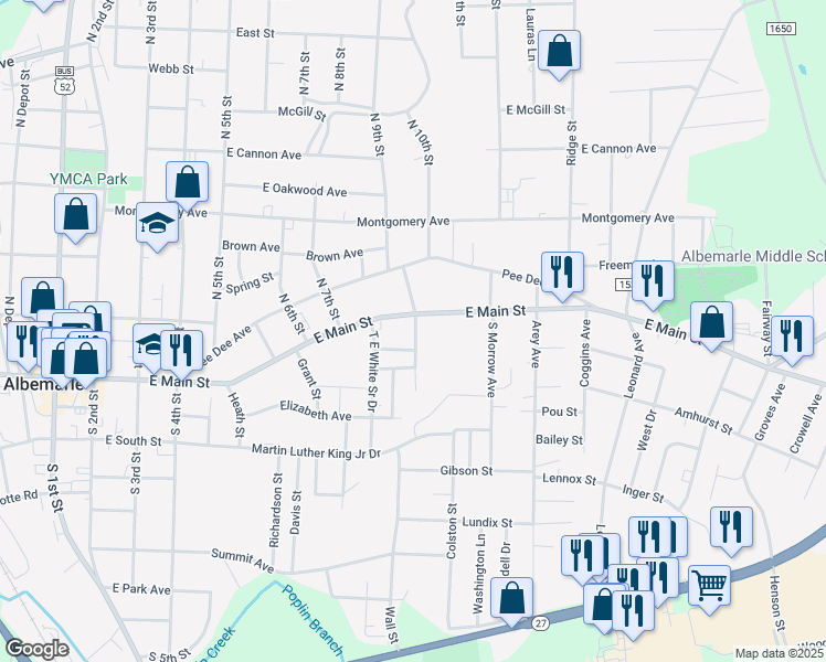 map of restaurants, bars, coffee shops, grocery stores, and more near 35 South Cotton Avenue in Albemarle