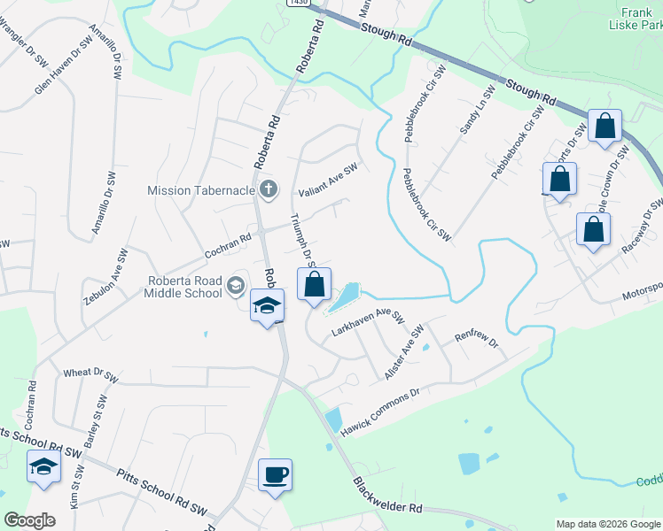 map of restaurants, bars, coffee shops, grocery stores, and more near 3585 Leighton Drive Southwest in Concord