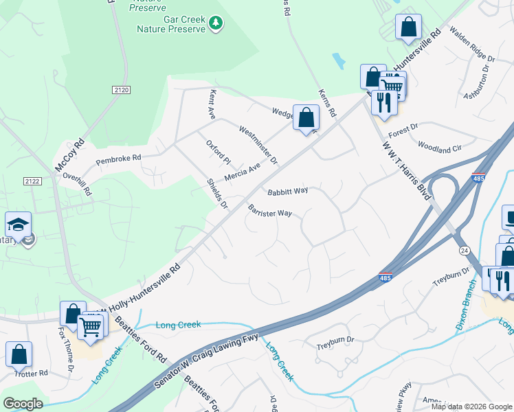 map of restaurants, bars, coffee shops, grocery stores, and more near 9235 Babbitt Way in Charlotte