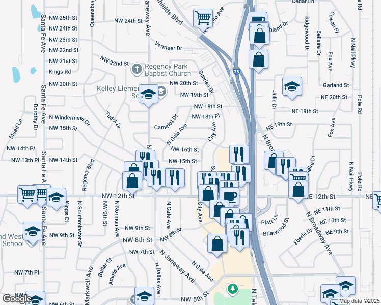 map of restaurants, bars, coffee shops, grocery stores, and more near 676 Northwest 16th Street in Moore