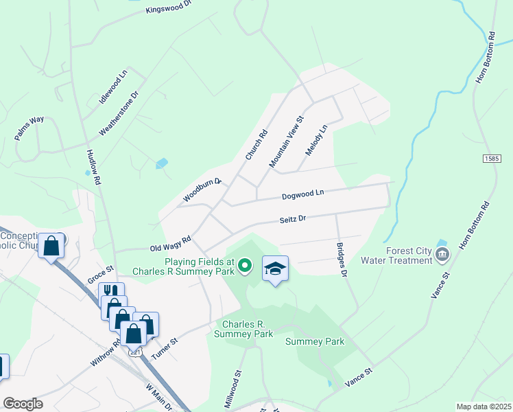 map of restaurants, bars, coffee shops, grocery stores, and more near 168 Dogwood Lane in Forest City
