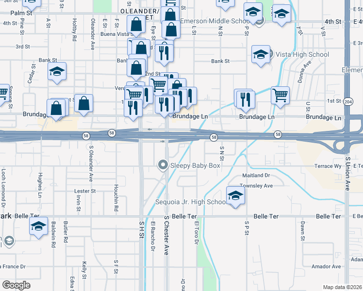 map of restaurants, bars, coffee shops, grocery stores, and more near 208 Brink Drive in Bakersfield