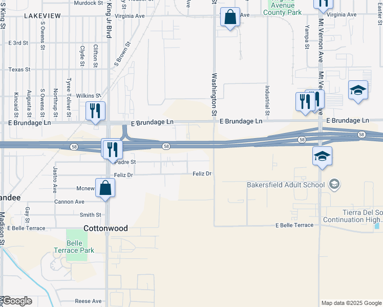 map of restaurants, bars, coffee shops, grocery stores, and more near 227 Simon Drive in Bakersfield