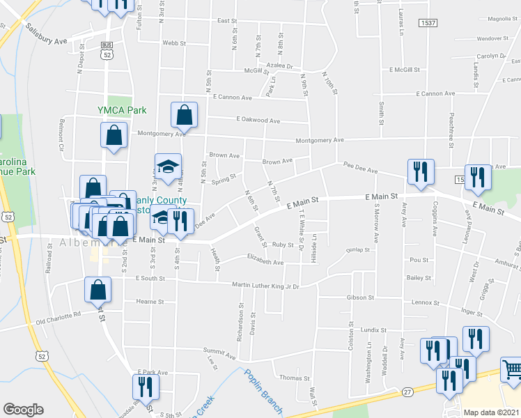 map of restaurants, bars, coffee shops, grocery stores, and more near 112 North 6th Street in Albemarle