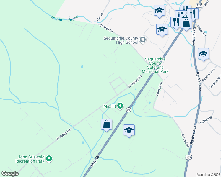 map of restaurants, bars, coffee shops, grocery stores, and more near 111A Robin Hill Road in Dunlap