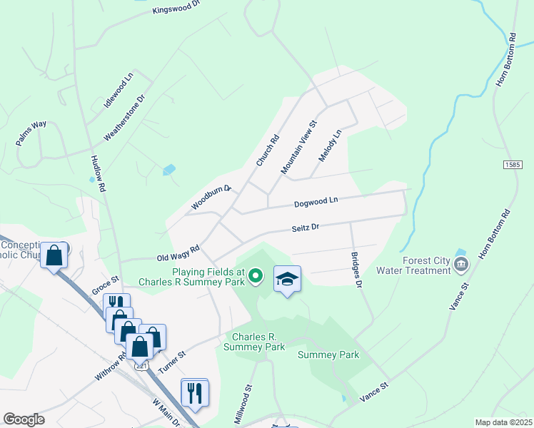 map of restaurants, bars, coffee shops, grocery stores, and more near 168 Dogwood Lane in Forest City