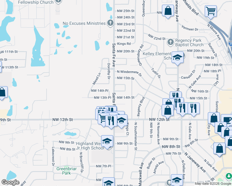 map of restaurants, bars, coffee shops, grocery stores, and more near 1508 North Santa Fe Avenue in Moore