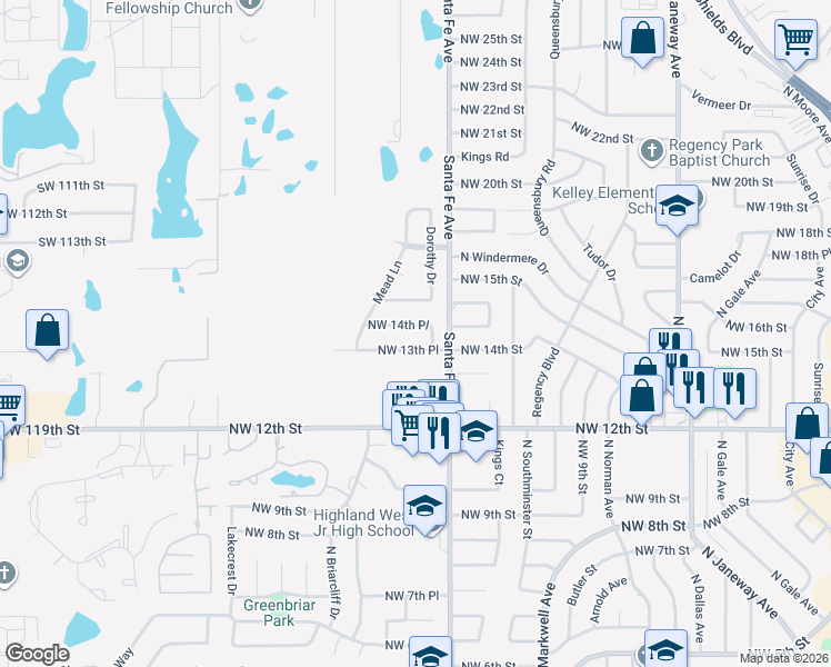 map of restaurants, bars, coffee shops, grocery stores, and more near 1220 Northwest 14th Place in Moore