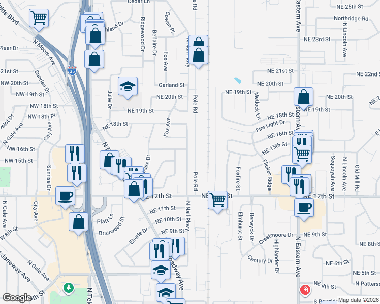 map of restaurants, bars, coffee shops, grocery stores, and more near 1335 North Nail Parkway in Moore