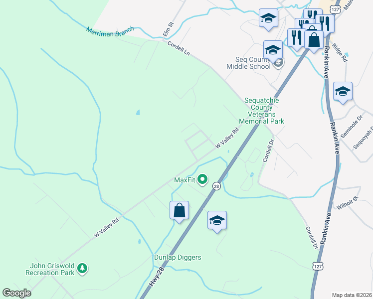 map of restaurants, bars, coffee shops, grocery stores, and more near 80A Cardinal Lane in Dunlap