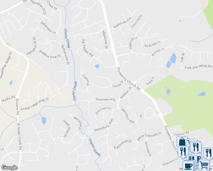 map of restaurants, bars, coffee shops, grocery stores, and more near 10019 Fairlea Dr in Charlotte