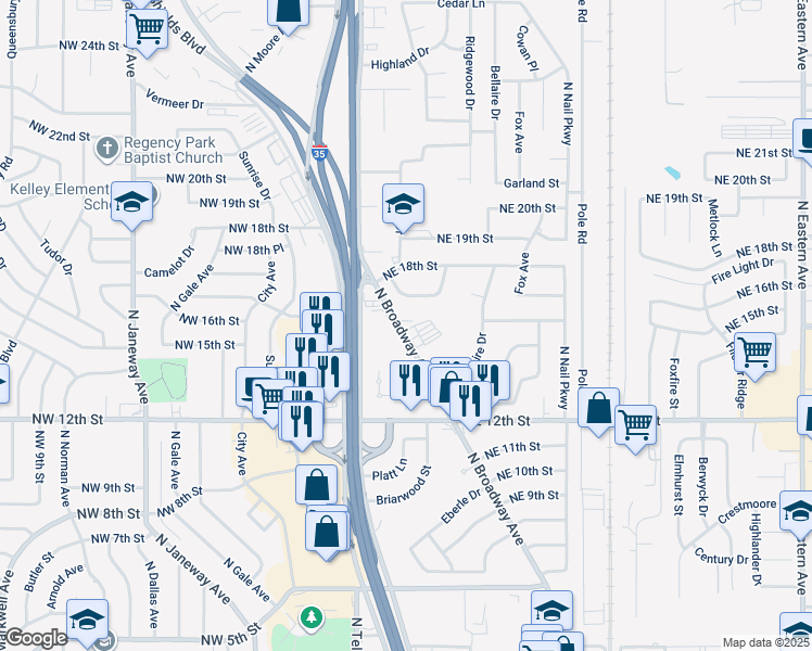 map of restaurants, bars, coffee shops, grocery stores, and more near 1620 North Broadway Avenue in Moore
