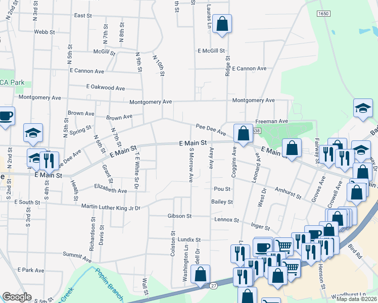 map of restaurants, bars, coffee shops, grocery stores, and more near 122 South Morrow Avenue in Albemarle