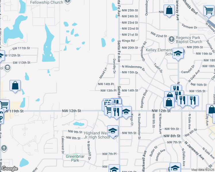 map of restaurants, bars, coffee shops, grocery stores, and more near 1220 Northwest 14th Place in Moore