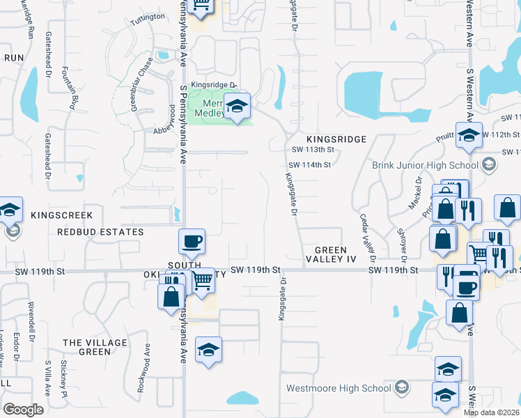 map of restaurants, bars, coffee shops, grocery stores, and more near 11621 Copper Trails Lane in Oklahoma City