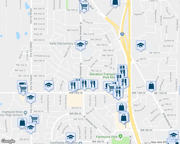 map of restaurants, bars, coffee shops, grocery stores, and more near 732 Northwest 16th Street in Moore