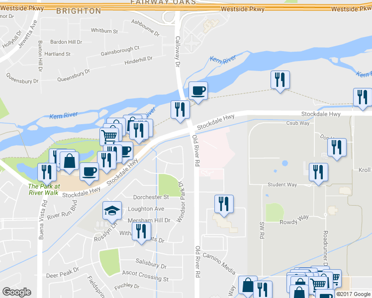 map of restaurants, bars, coffee shops, grocery stores, and more near 310 Lewisham Street in Bakersfield
