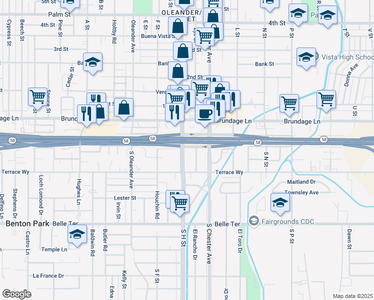 map of restaurants, bars, coffee shops, grocery stores, and more near 218 South H Street in Bakersfield