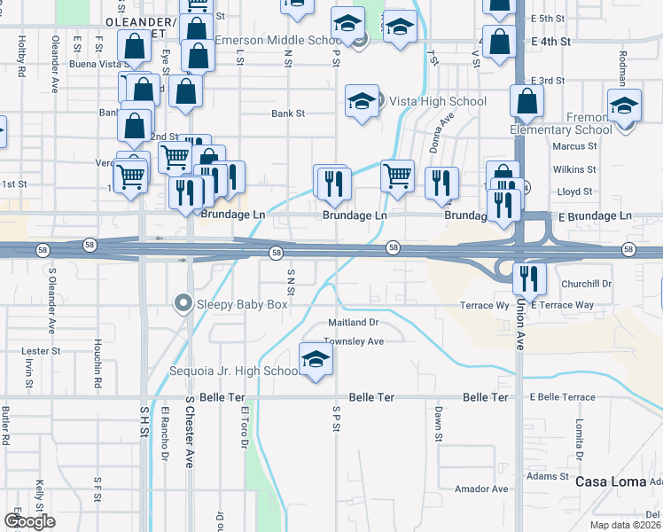 map of restaurants, bars, coffee shops, grocery stores, and more near 216 South P Street in Bakersfield