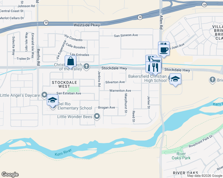 map of restaurants, bars, coffee shops, grocery stores, and more near 13504 Warrenton Avenue in Bakersfield