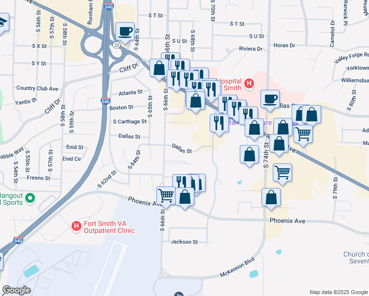 map of restaurants, bars, coffee shops, grocery stores, and more near 6715 Dallas Street in Fort Smith