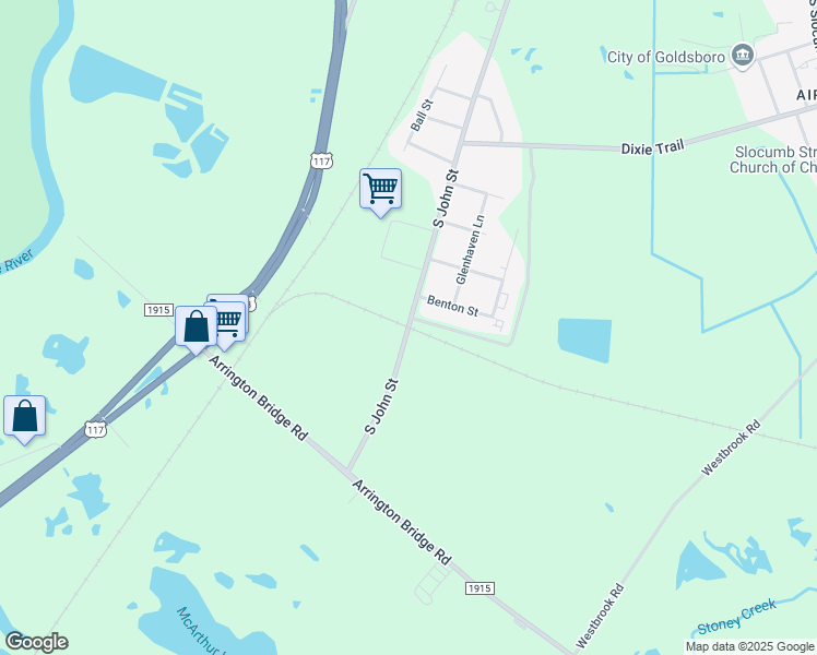 map of restaurants, bars, coffee shops, grocery stores, and more near 2398 S John St in Goldsboro