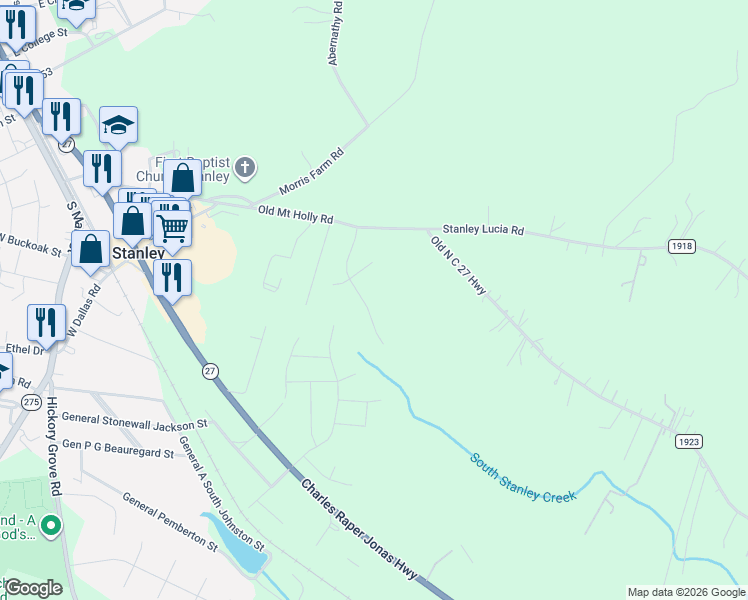 map of restaurants, bars, coffee shops, grocery stores, and more near 808 Old Mount Holly Road in Stanley