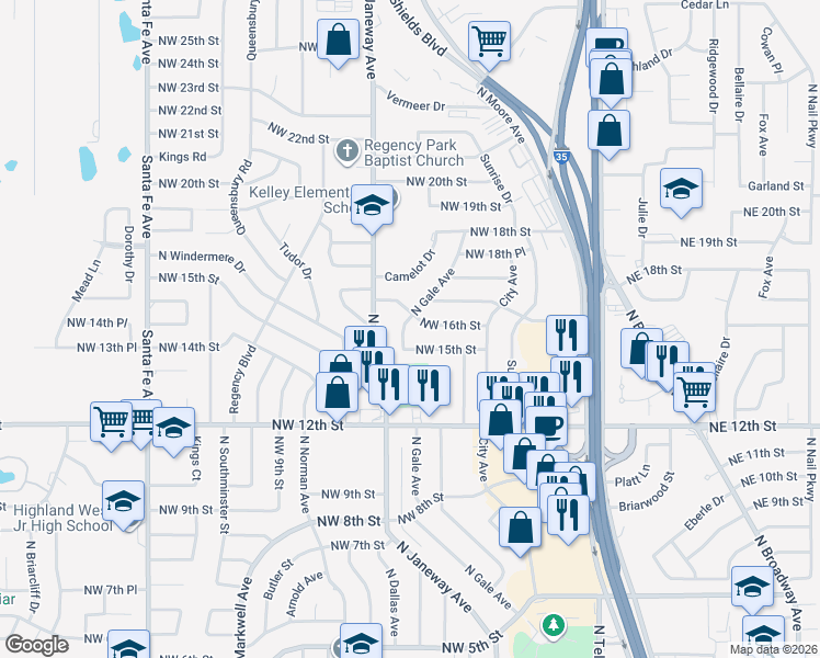 map of restaurants, bars, coffee shops, grocery stores, and more near 732 Northwest 16th Street in Moore