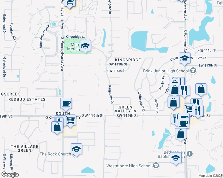 map of restaurants, bars, coffee shops, grocery stores, and more near 1325 Southwest 116th Place in Oklahoma City