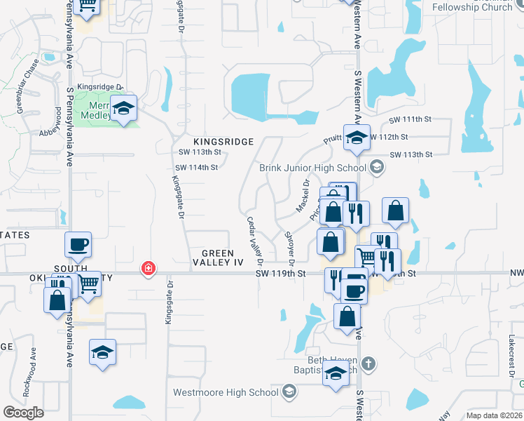 map of restaurants, bars, coffee shops, grocery stores, and more near 11700 Cedar Valley Terrace in Oklahoma City