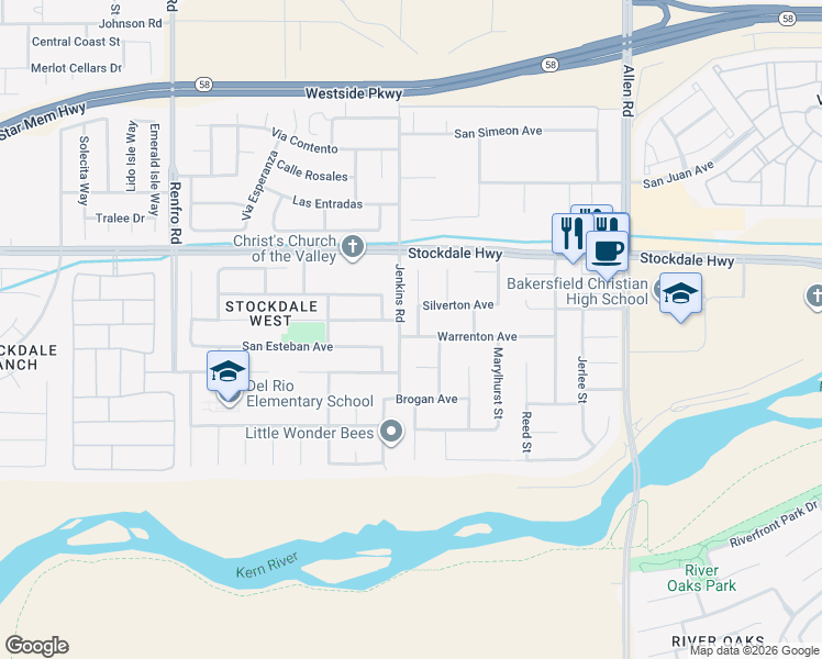 map of restaurants, bars, coffee shops, grocery stores, and more near 313 Newberg Street in Bakersfield