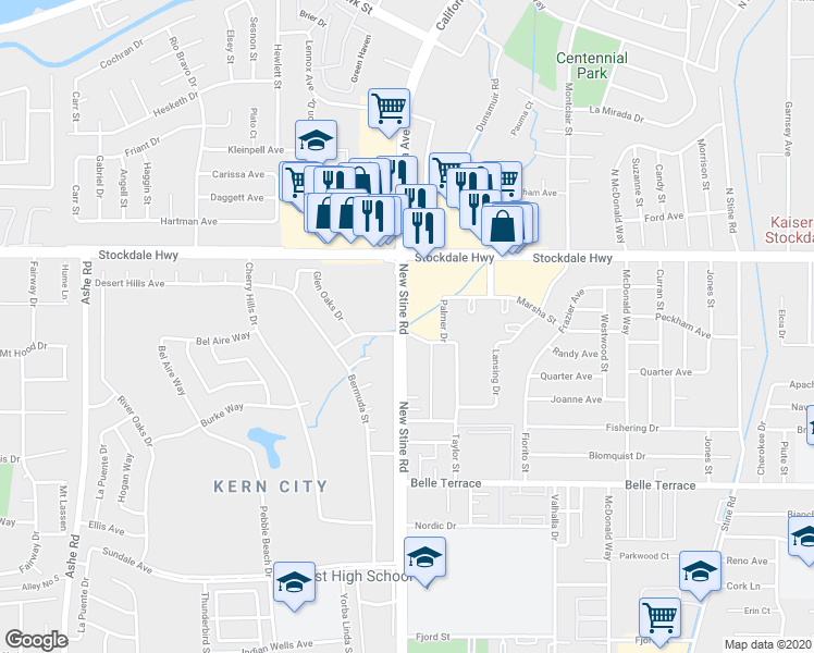 map of restaurants, bars, coffee shops, grocery stores, and more near 300 Demaret Avenue in Bakersfield