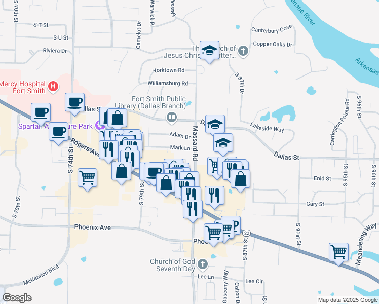 map of restaurants, bars, coffee shops, grocery stores, and more near 8208 Mark Lane in Fort Smith