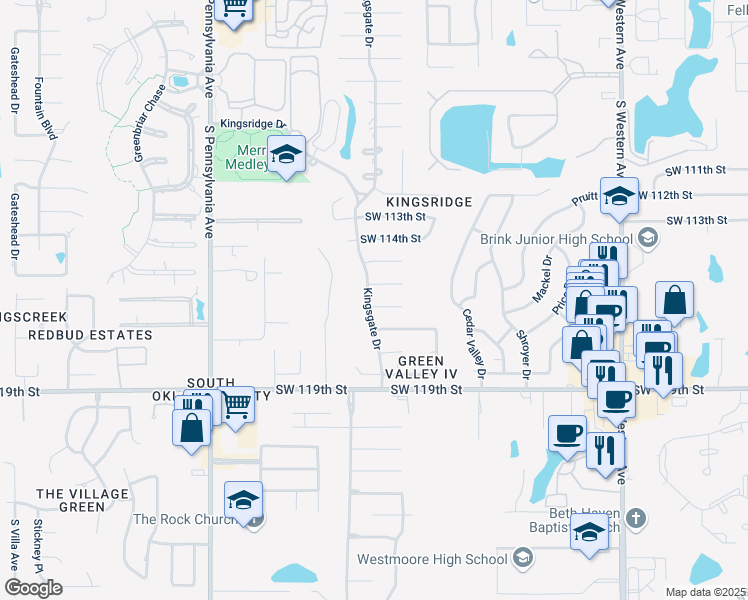 map of restaurants, bars, coffee shops, grocery stores, and more near 1325 Southwest 116th Place in Oklahoma City