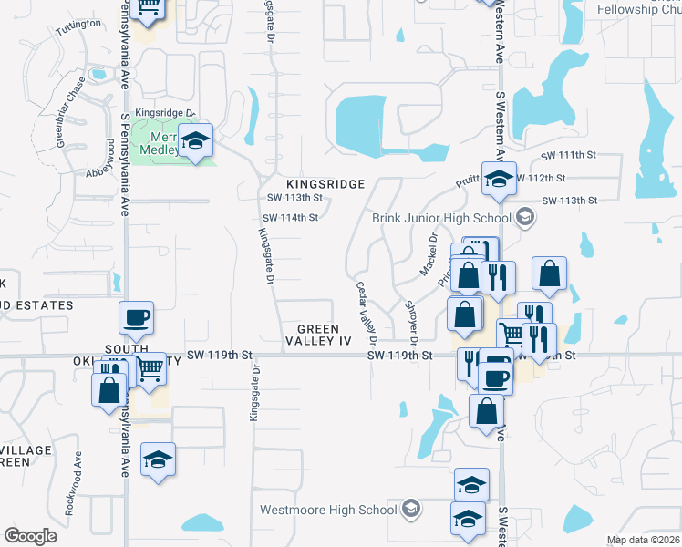 map of restaurants, bars, coffee shops, grocery stores, and more near 11629 Cedar Valley Drive in Oklahoma City