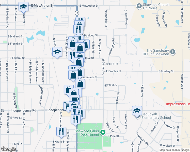map of restaurants, bars, coffee shops, grocery stores, and more near 1121 East Cammack Street in Shawnee