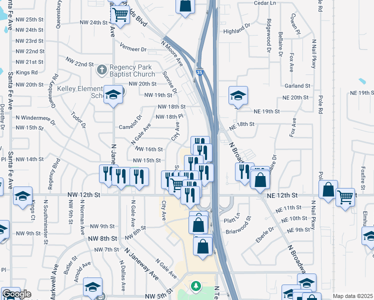 map of restaurants, bars, coffee shops, grocery stores, and more near 612 Northwest 17th Street in Moore
