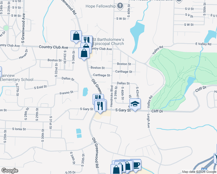 map of restaurants, bars, coffee shops, grocery stores, and more near 3715 Hendricks Circle in Fort Smith