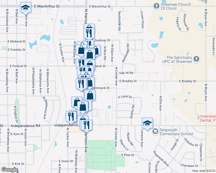 map of restaurants, bars, coffee shops, grocery stores, and more near 1123 Quail Hollow in Shawnee