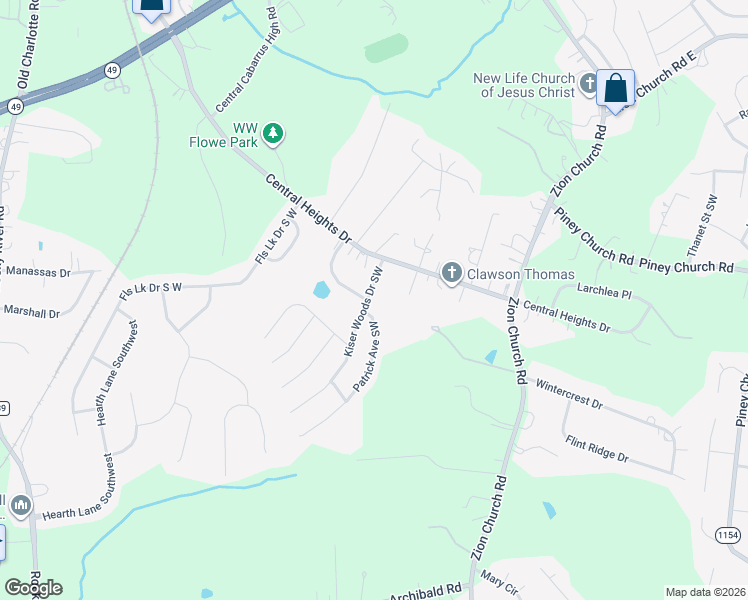 map of restaurants, bars, coffee shops, grocery stores, and more near 4223 Kiser Woods Drive Southwest in Concord