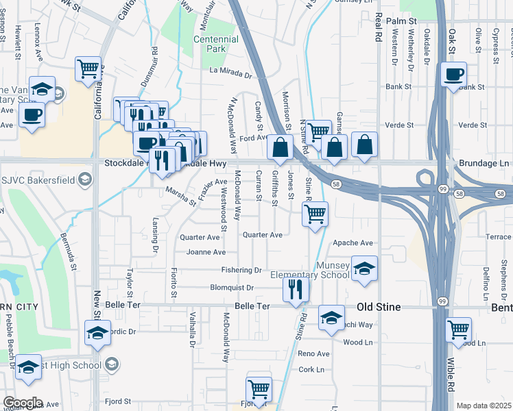 map of restaurants, bars, coffee shops, grocery stores, and more near 205 Curran Street in Bakersfield