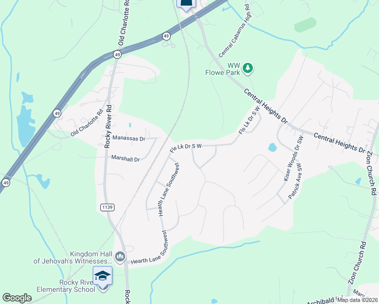 map of restaurants, bars, coffee shops, grocery stores, and more near 1149 Burning Embers Lane Southwest in Concord