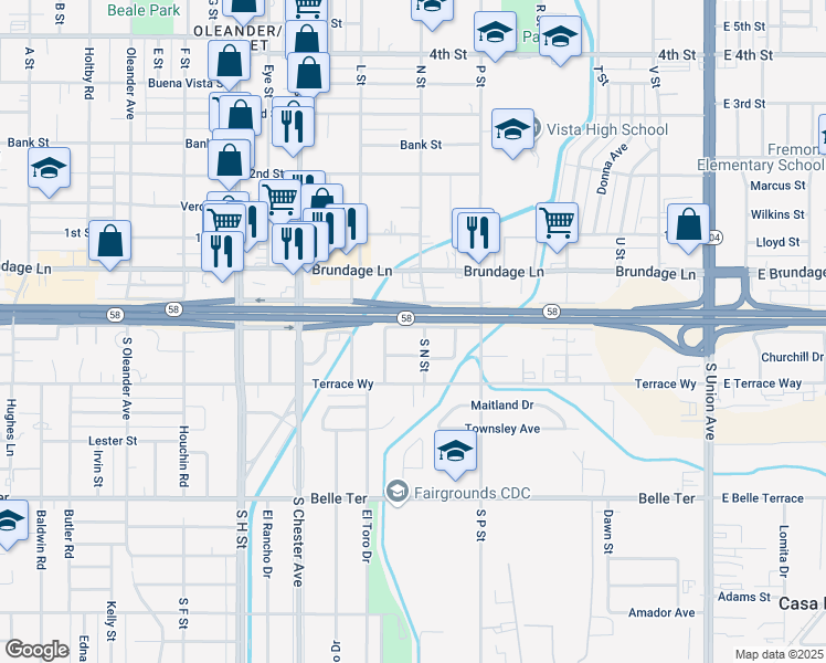map of restaurants, bars, coffee shops, grocery stores, and more near 1103 Snyder Lane in Bakersfield